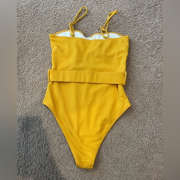 SHEIN Rib Knit Belted Tube One Piece Yellow Swimsuit - Picture 5 of 6